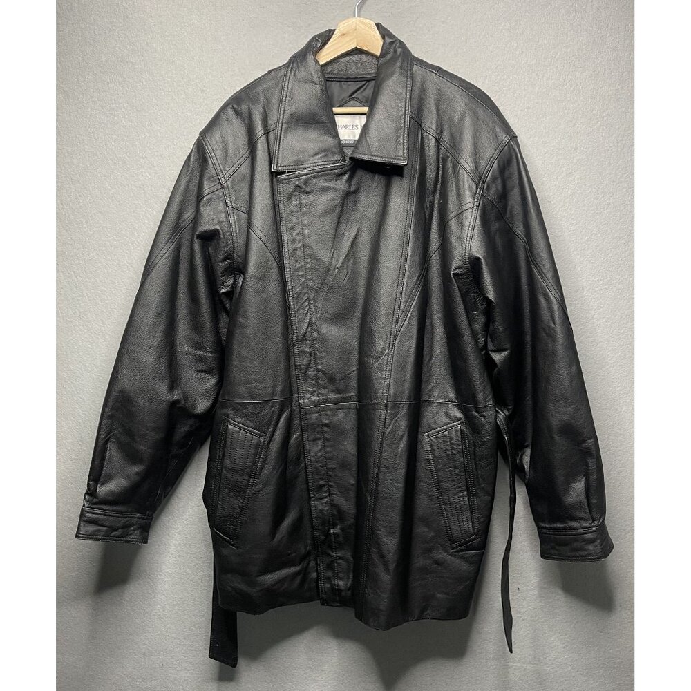 Vtg Charles Klein Black Genuine Leather Jacket Unique Seam Design Belted Waist